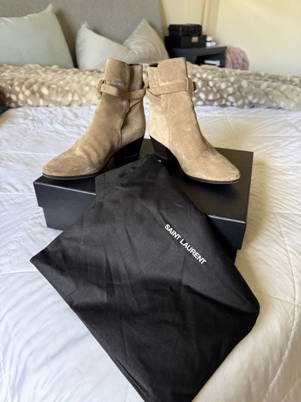 Saint Laurent Taupe Suede Ankle Boots with Buckle Strap - Picture 2 of 15